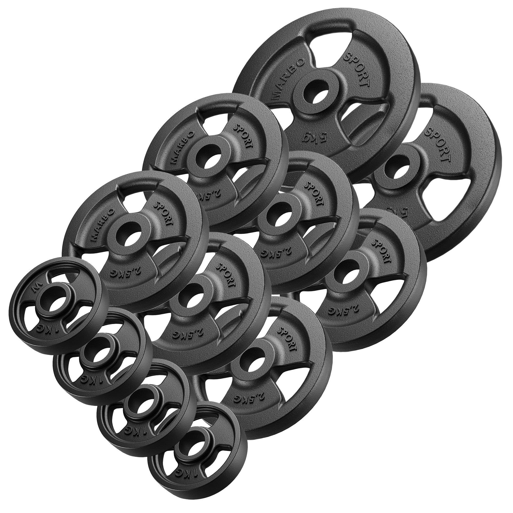 30mm svara diski Tri-Grip weight plates made of cast iron set 29 kg / 2 x 5 kg + 6 x 2.5 kg + 4 x 1 kg - Marbo Sport