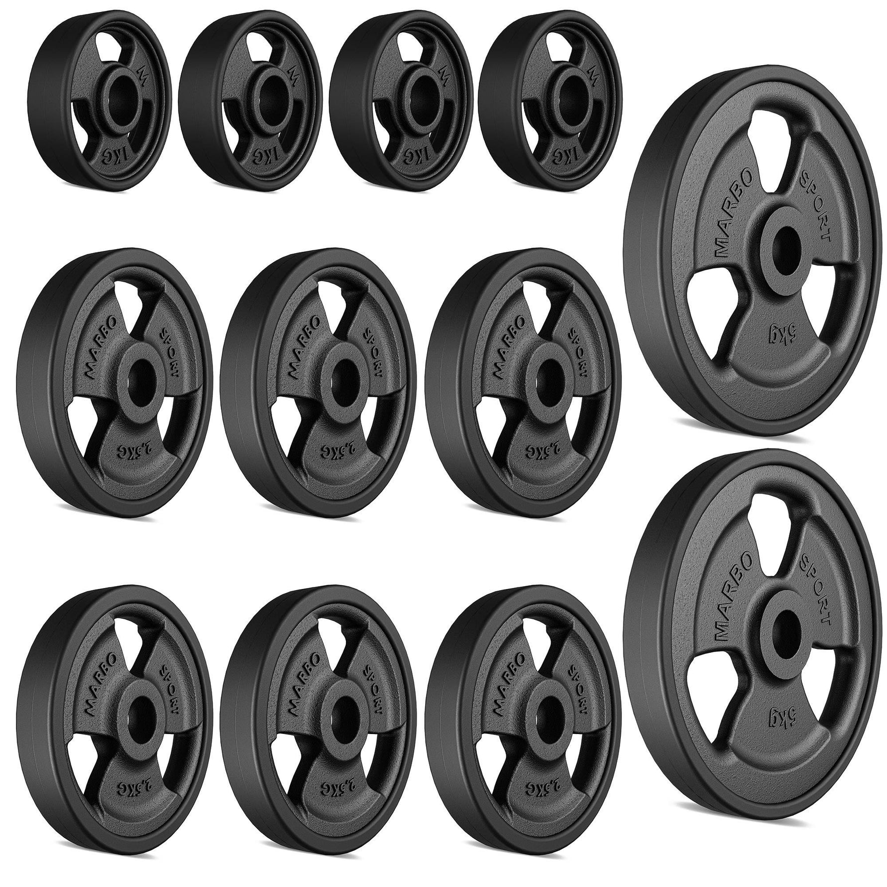 30mm svara diski Tri-Grip rubberized cast iron weight plates set 29 kg / 2 x 5 kg + 6 x 2.5 kg + 4 x 1 kg - Marbo Sport