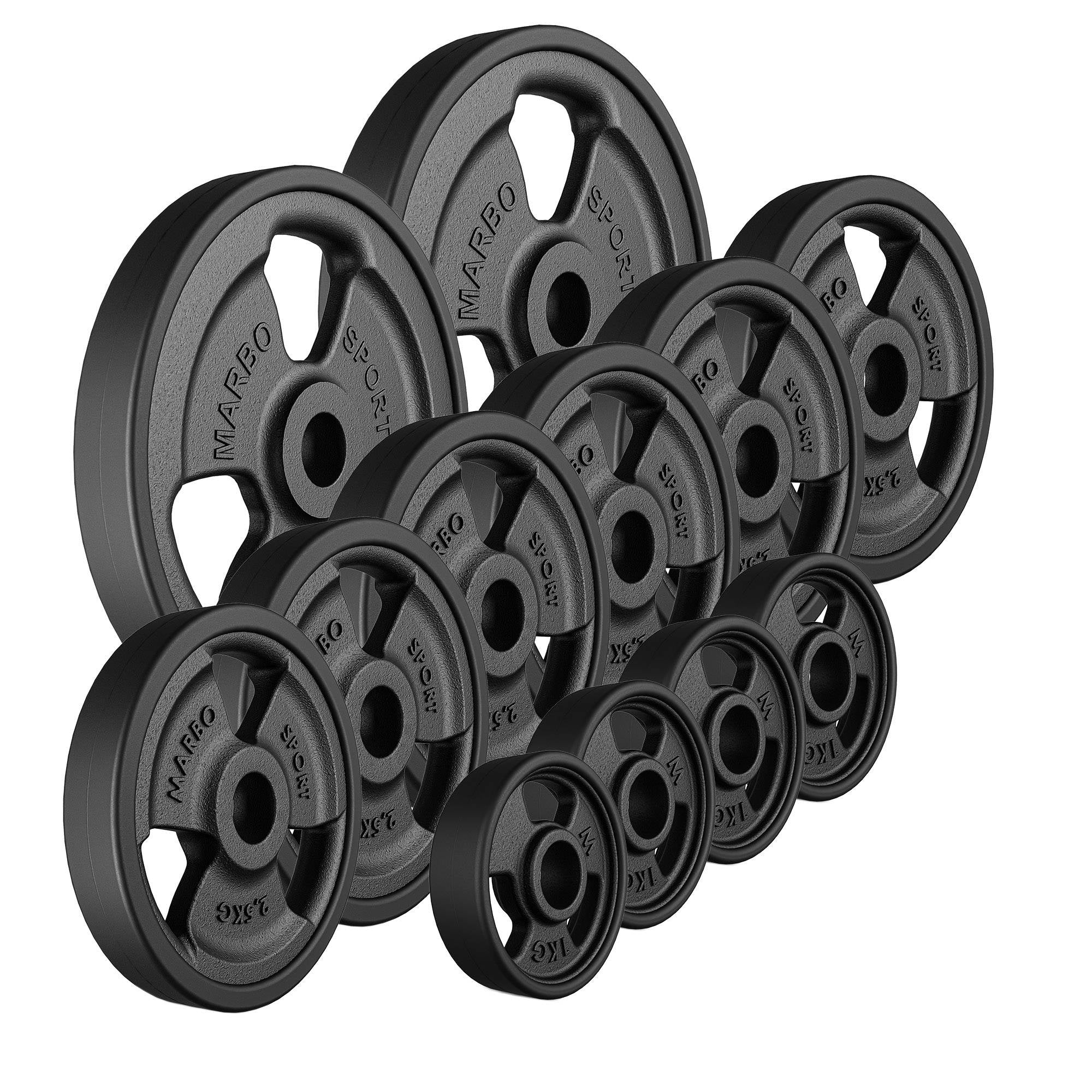 30mm svara diski Tri-Grip rubberized cast iron weight plates set 29 kg / 2 x 5 kg + 6 x 2.5 kg + 4 x 1 kg - Marbo Sport