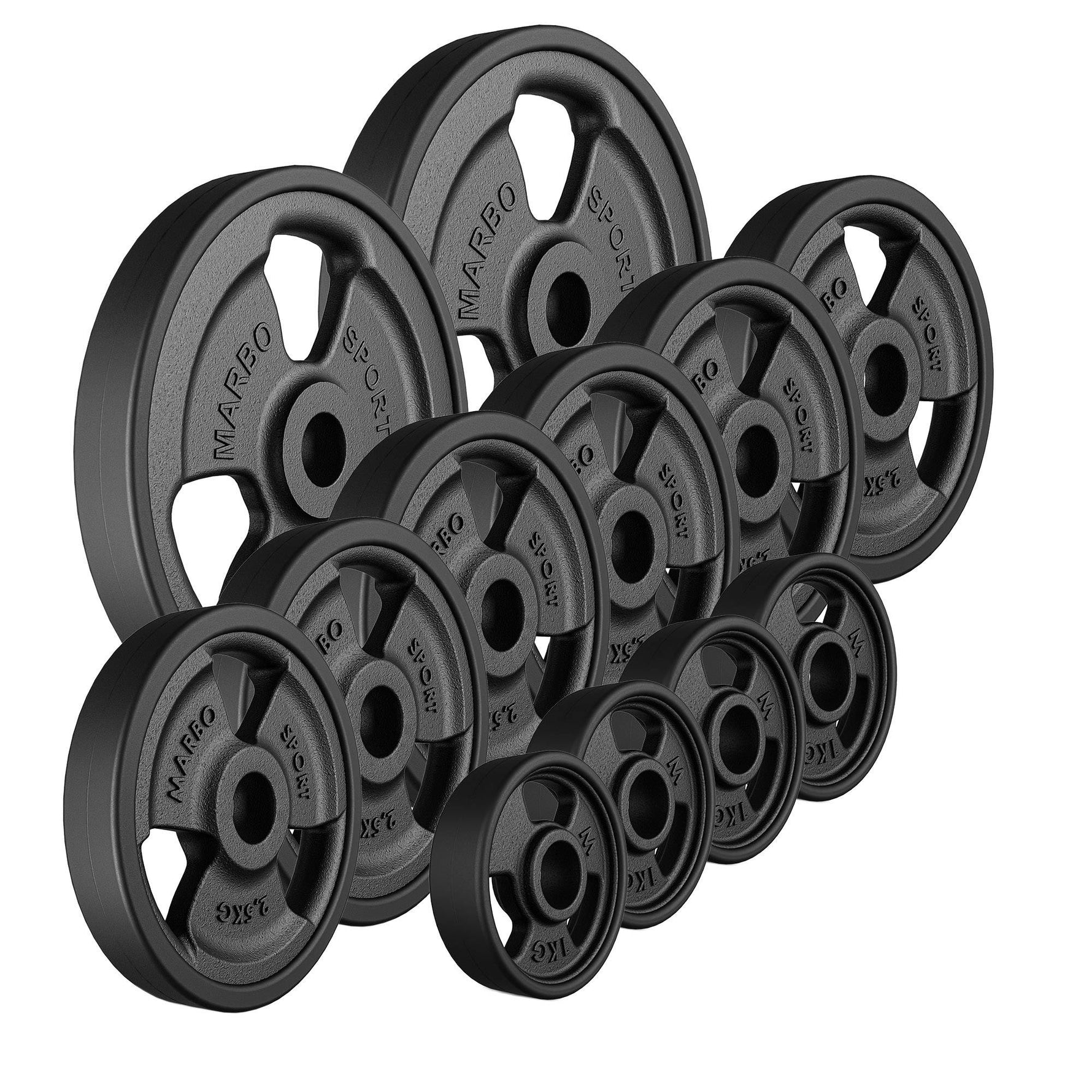 30mm svara diski Tri-Grip rubberized cast iron weight plates set 29 kg / 2 x 5 kg + 6 x 2.5 kg + 4 x 1 kg - Marbo Sport