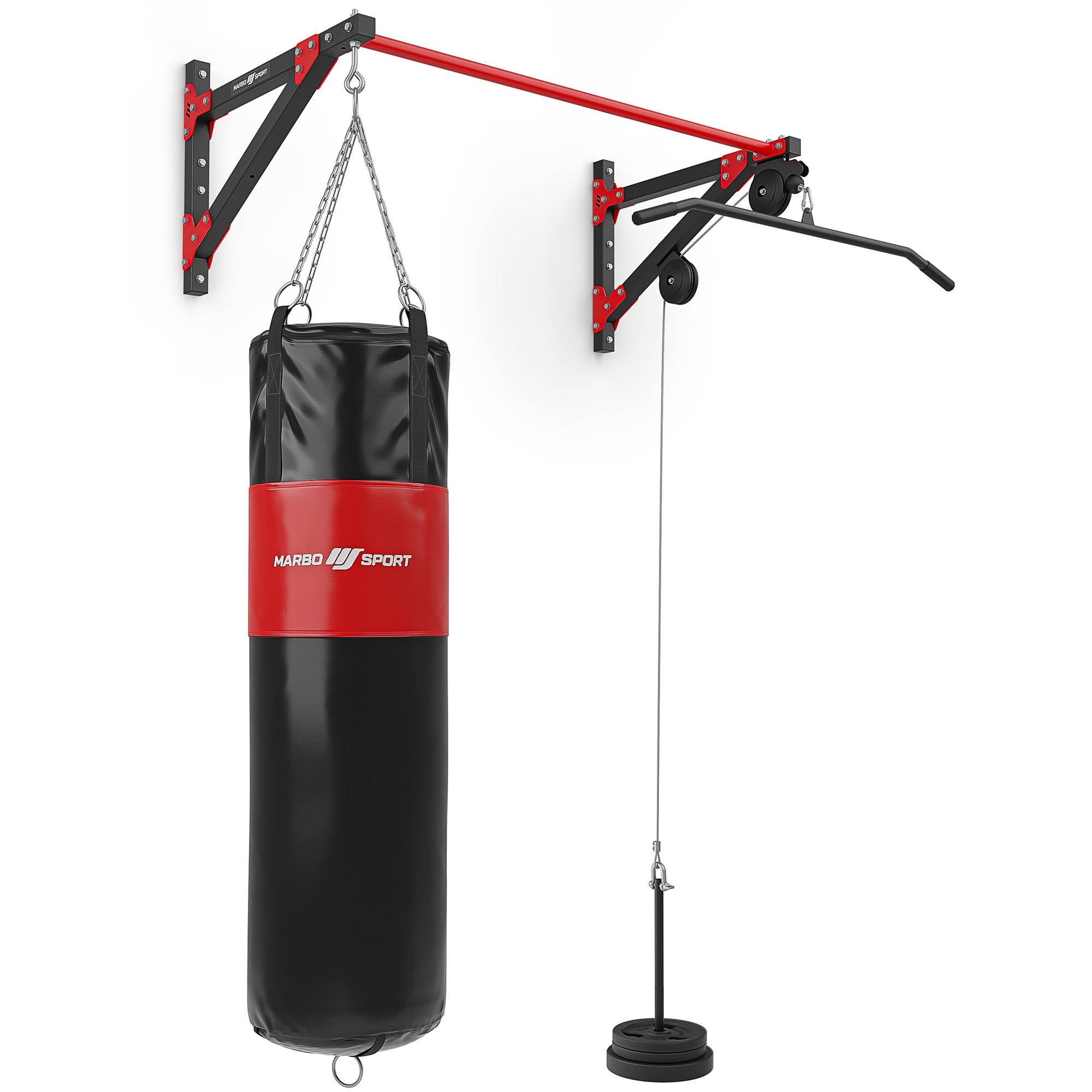 Marbo Sport daudzfunkcionāls pievilkšanas stienis ar lato nolaižamo un boksa maisa turētāju (3in1) MH-D204 - Marbo Sport (boksa maiss un svari nav iekļauti komplektā)