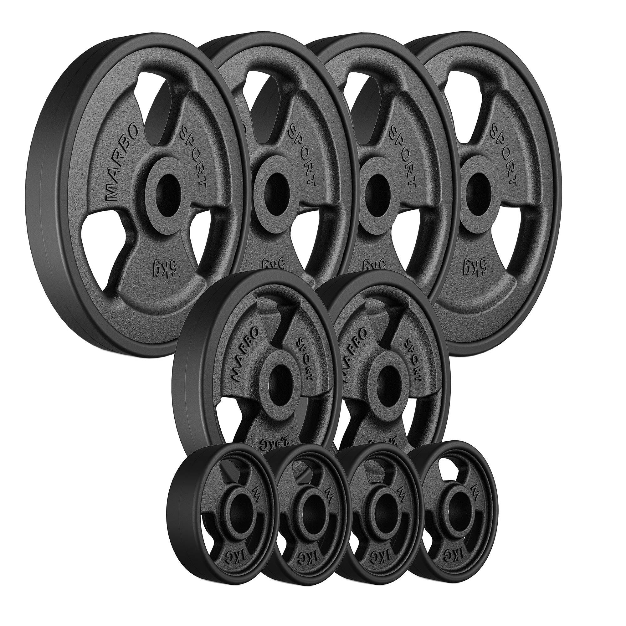 Tri-Grip gumijotu čuguna svaru disku komplekts 29 kg / 4 x 5 kg + 2 x 2,5 kg + 4 x 1 kg - Marbo Sport