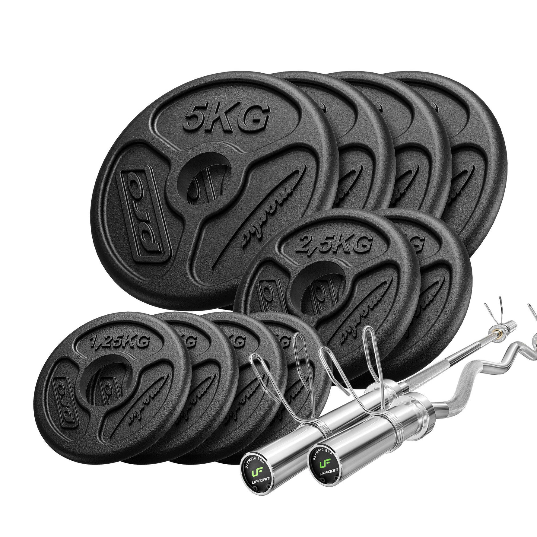 Komplekts 55 kg | Olimpiskais svaru stienis 180 cm + viegli izliekts stienis 120 cm + svaru diski 4x5 kg, 2x2,5 kg, 4x1,25 kg - Marbo Sport