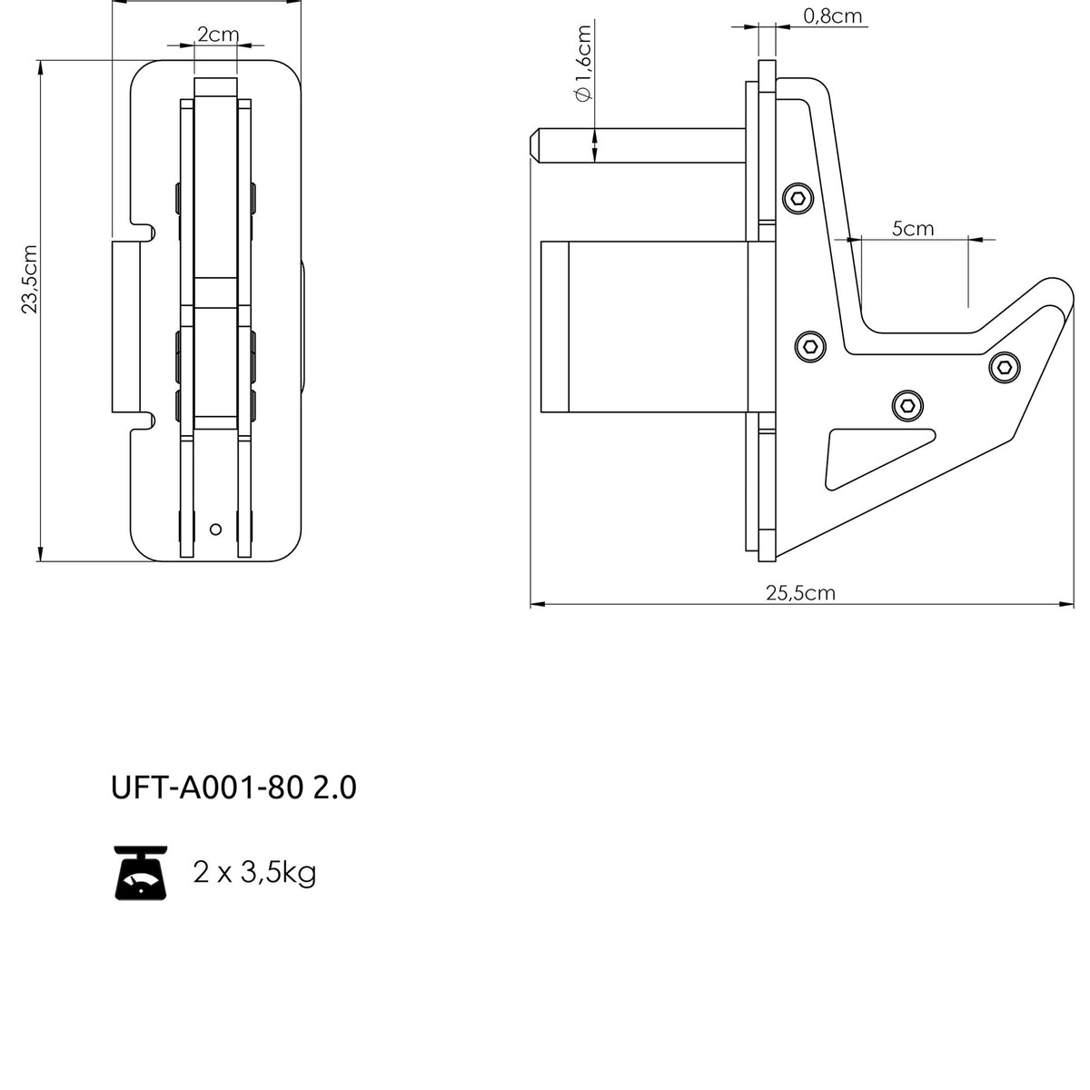 Stieņa turētāji J-hooks UpForm UFT-A001, statņiem 80 × 80, 2 × 3,5 kg