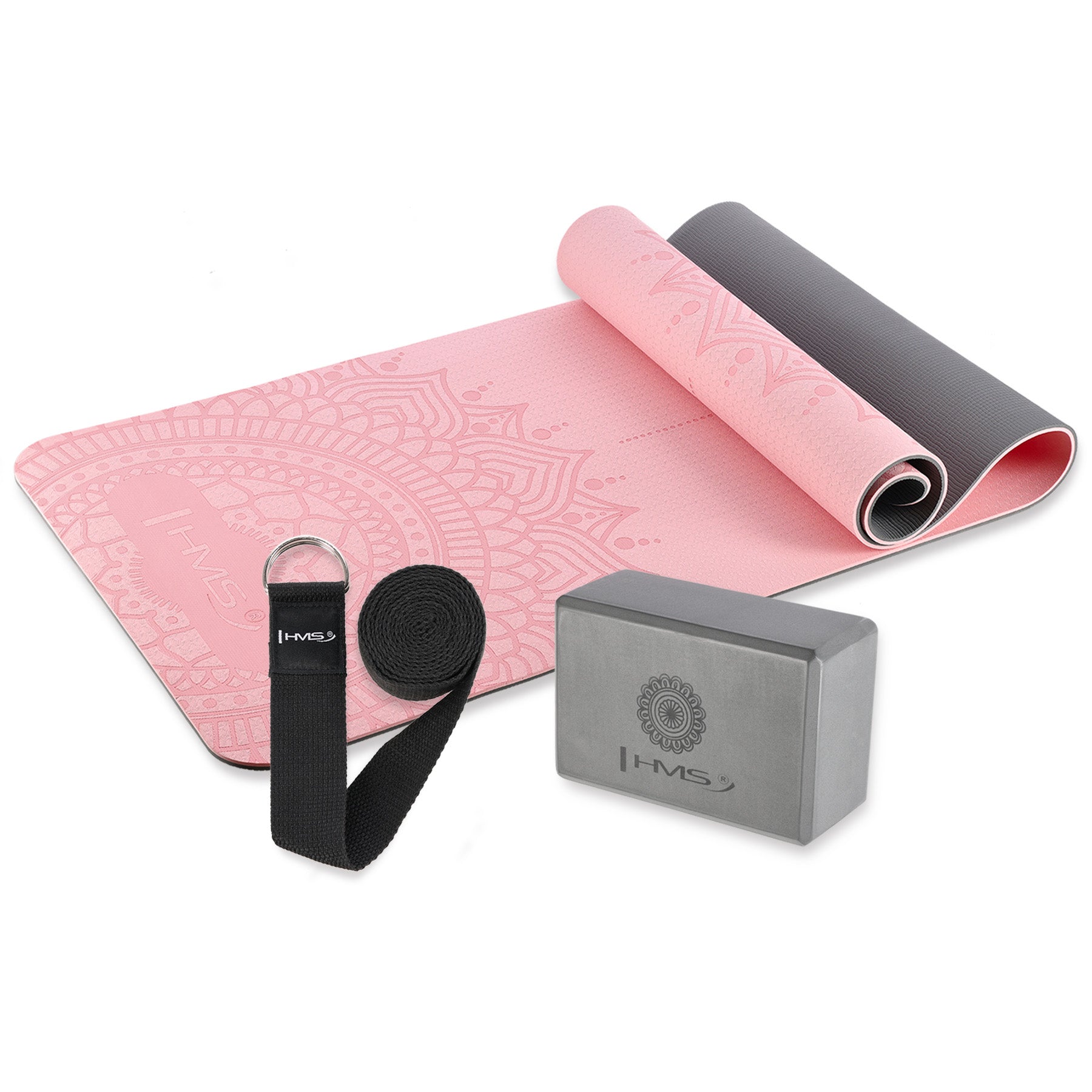 Komplekts YOGA SET HMS MAT TPE LIGHT PINK YM10 + GRAY BLOCK KJ02 + STRAP SJ02