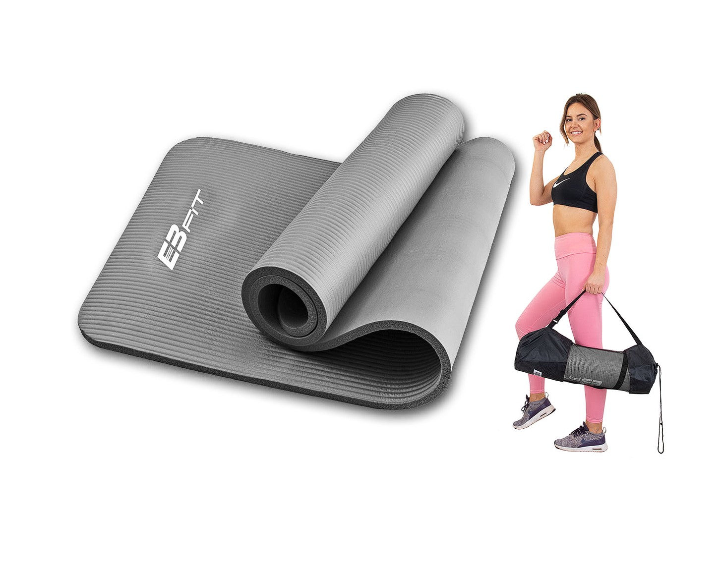 Tumši pelēks NBR fitnesa paklājiņš un Eb fit soma