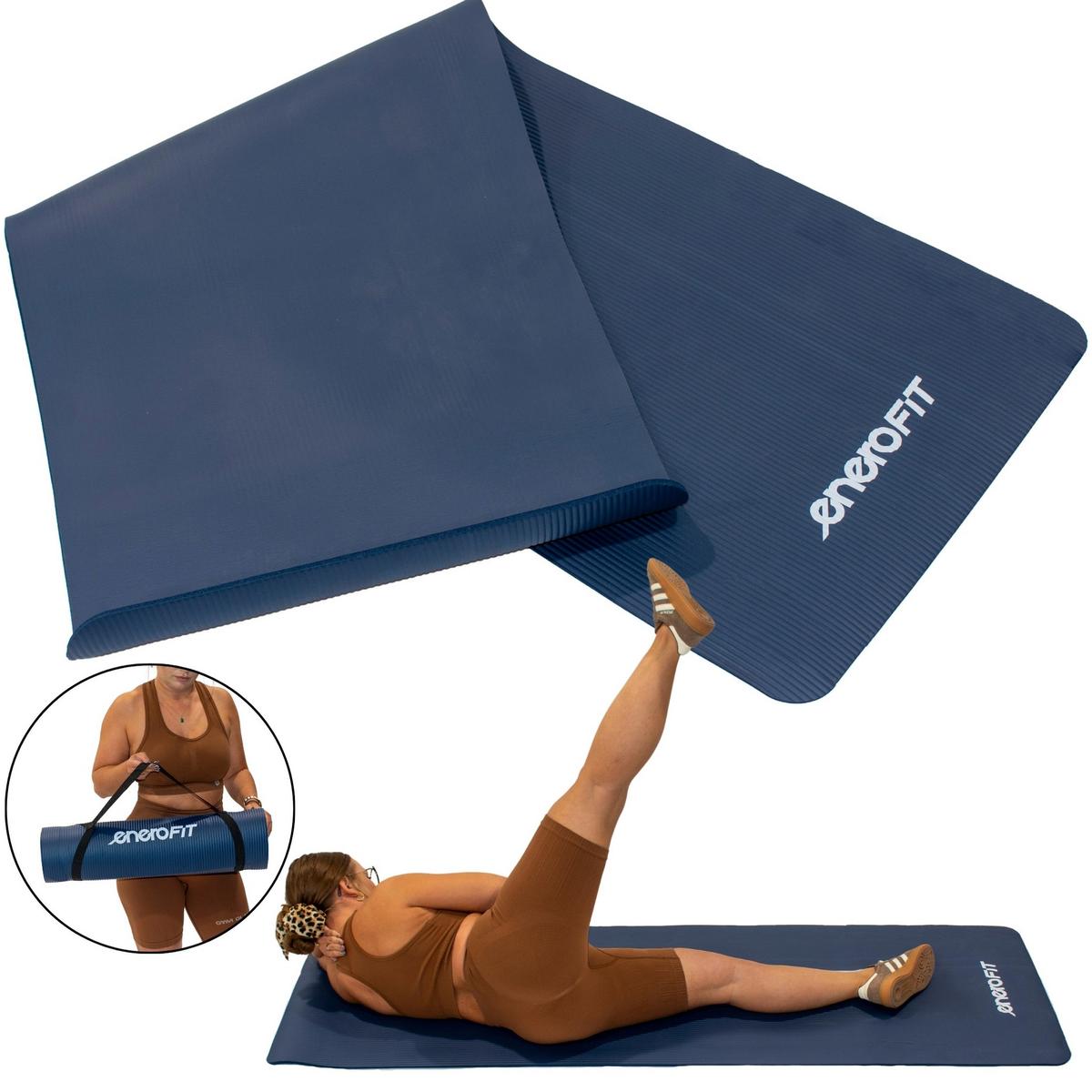 Fitnesa paklājiņš NBR pretslīdes pārklājs 183x60x1cm zils + Enero Fit pārvalks