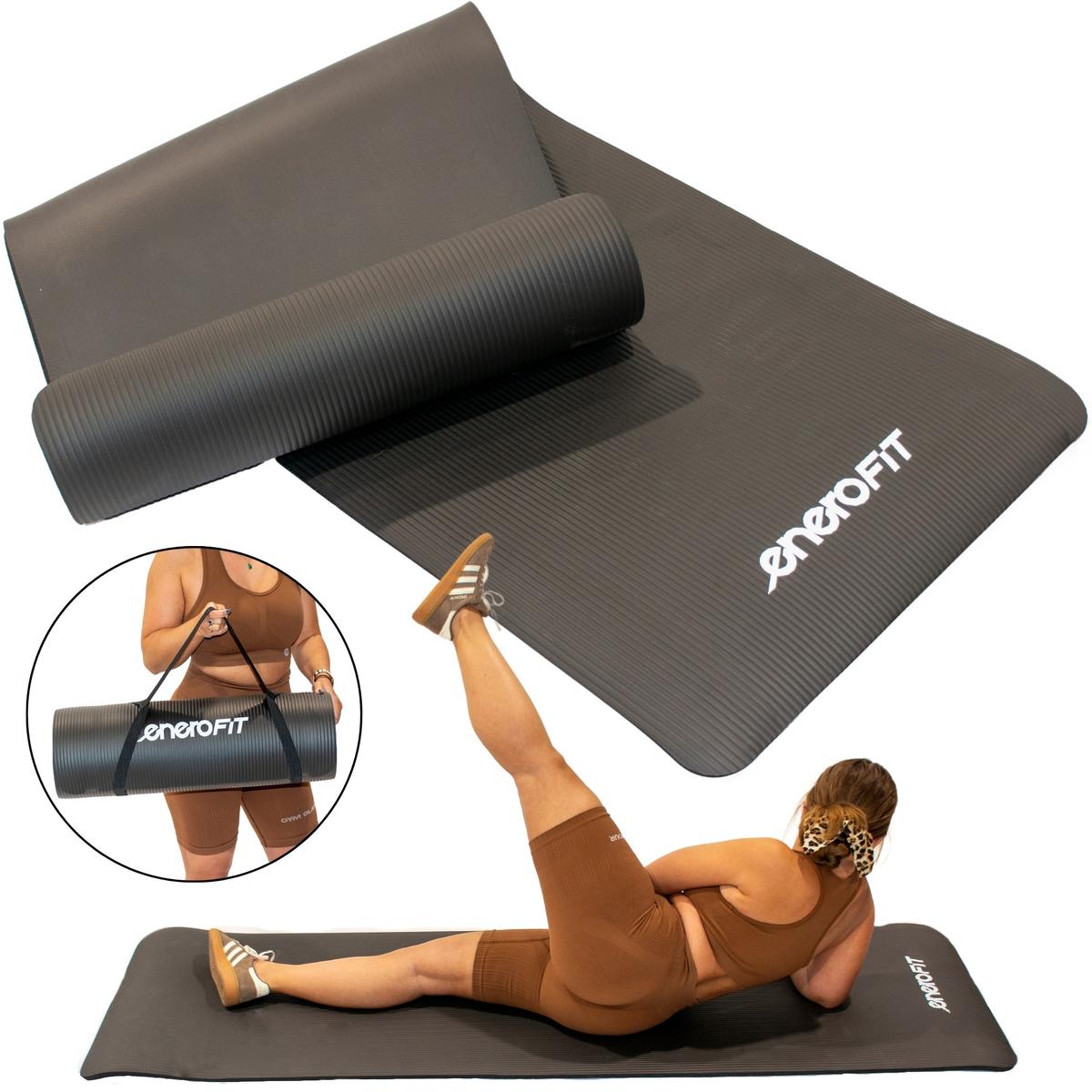 Fitnesa paklājiņš NBR pretslīdes pārklājs 183x61x1,5cm melns + Enero Fit pārvalks