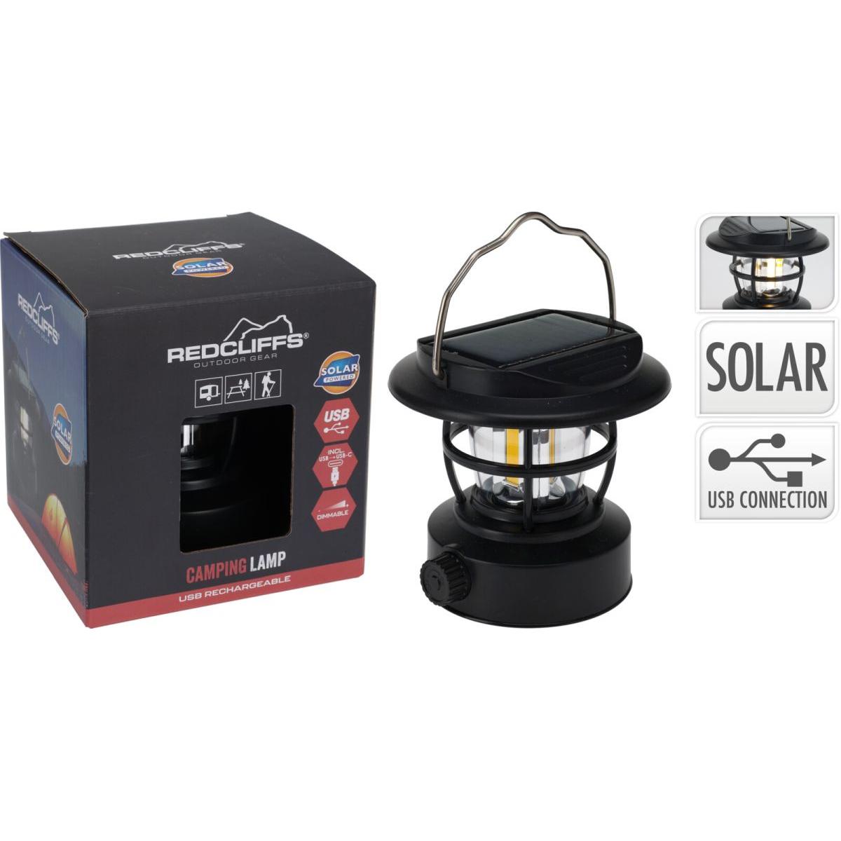 LUKTURA KEMPINGA LAMPA MELNA USB UZLĀDE UN SAULES REDCLIFFS