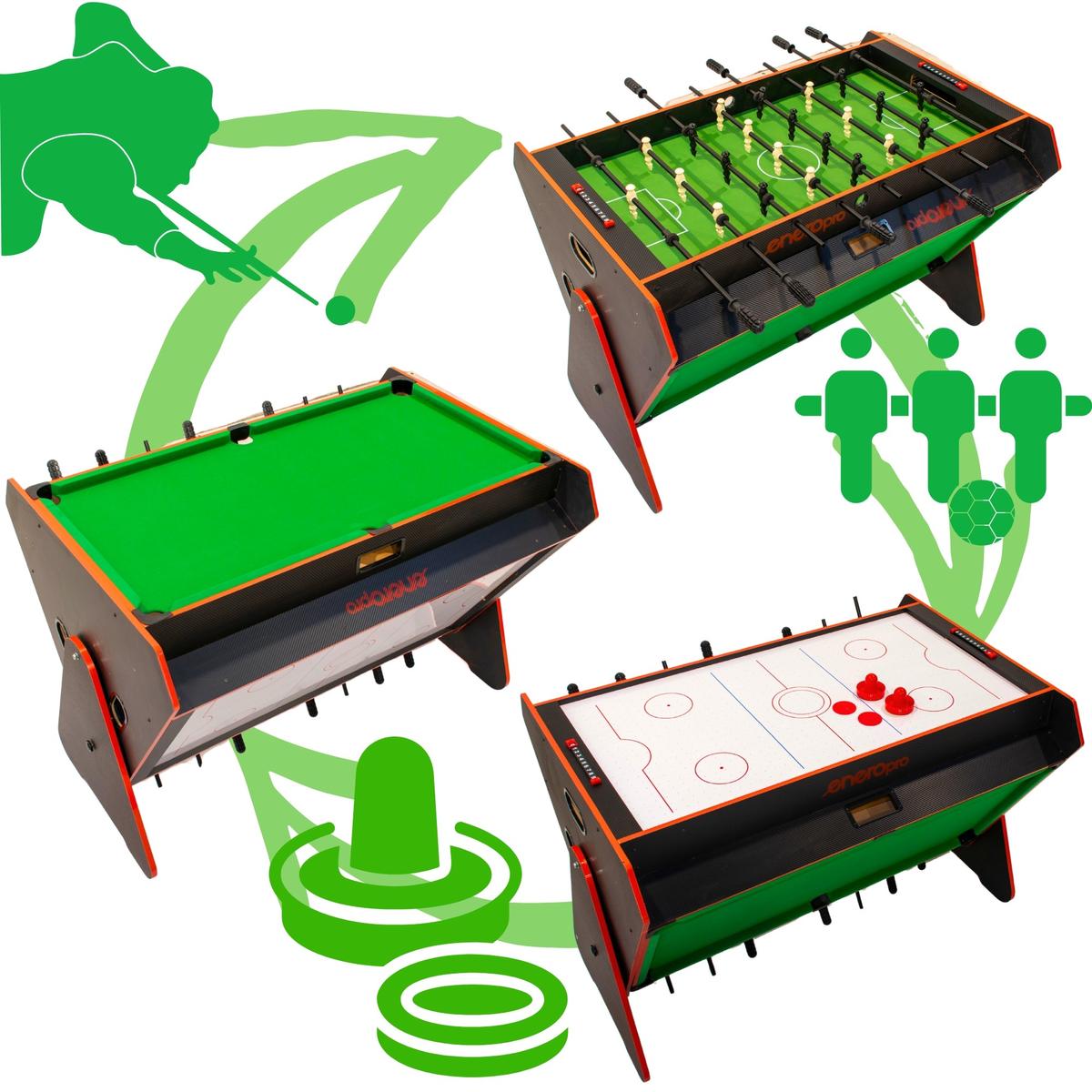 3-vienā rotējošs spēļu galds, biljarda galds, futbols, gaisa pieslēgums, 121x84,5x85,3 cm, melns