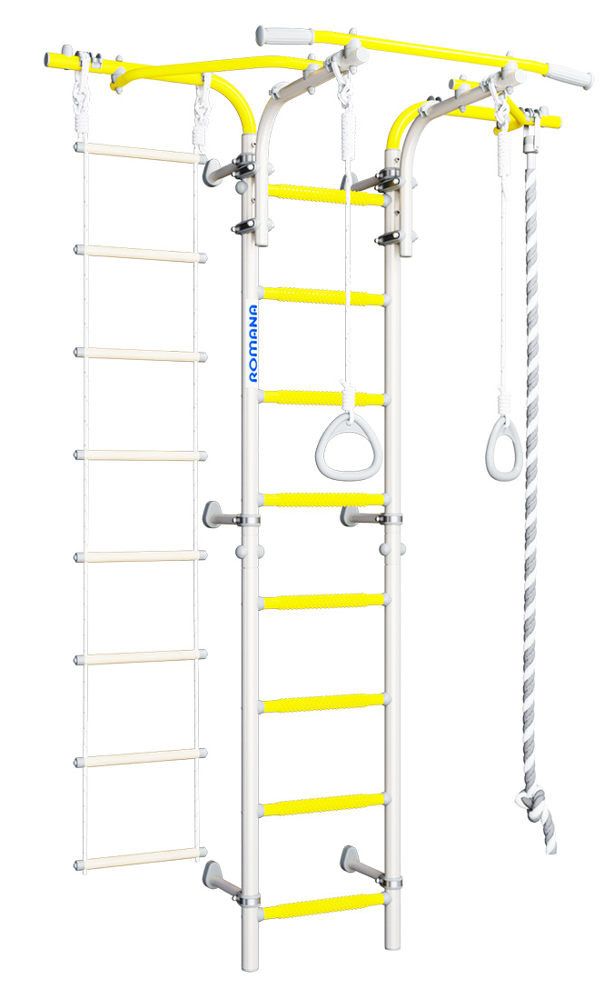 Sporta komplekss (vingrošanas siena) ROMANA S6 karuselis balti dzeltens, 227x146cm