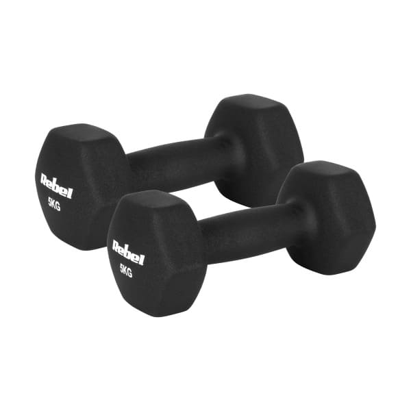 HEX 2x5kg neoprēna čuguna hanteles, REBEL ACTIVE