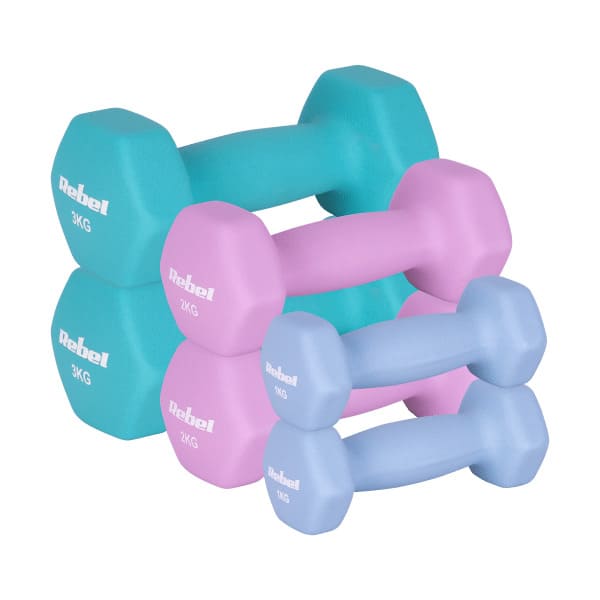 HEX čuguna neoprēna hanteļu komplekts 12kg (2x1kg+2x2kg+2x3kg), REBEL ACTIVE