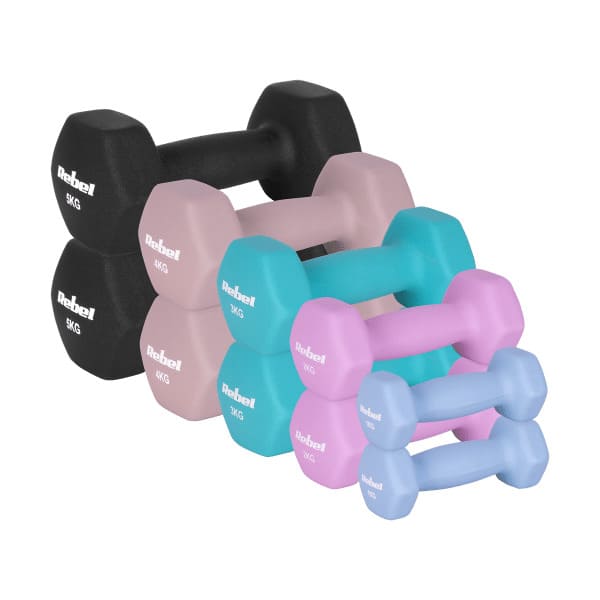 HEX čuguna neoprēna hanteļu komplekts 30kg (2x1kg+2x2kg+2x3kg+2x4kg+2x5kg), REBEL ACTIVE