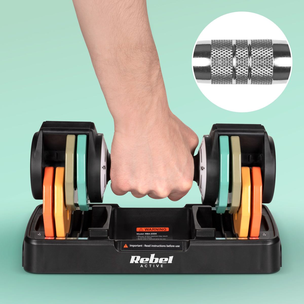 Automātiski regulējamas čuguna hanteles, komplekts 2x5 kg, 1kg soli, REBEL ACTIVE