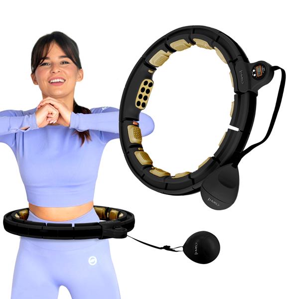 Vingrošanas aplis ar skaitītāju HHM13 NEW HULA HOOP BLACK/GOLD MAGNETIC WITH WEIGHT + COUNTER HMS