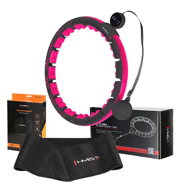 Vingrošanas rinķis ar atsvaru un skaitītāju SET HULA HOOP MAGNETIC BLACK/PINK HHM16 WITH WEIGHT + COUNTER HMS + WAIST SUPPORT BR163 BLACK