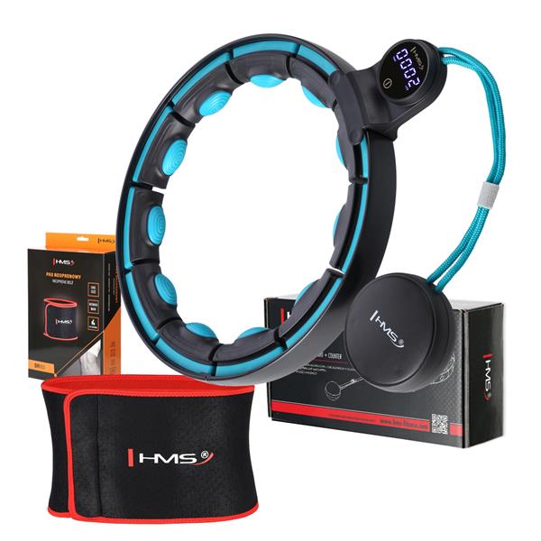 Komplekts SET HULA HOOP MAGNETIC BLACK/TURQUOISE HHM17 WITH WEIGHT + COUNTER HMS + WAIST SUPPORT BR163 RED