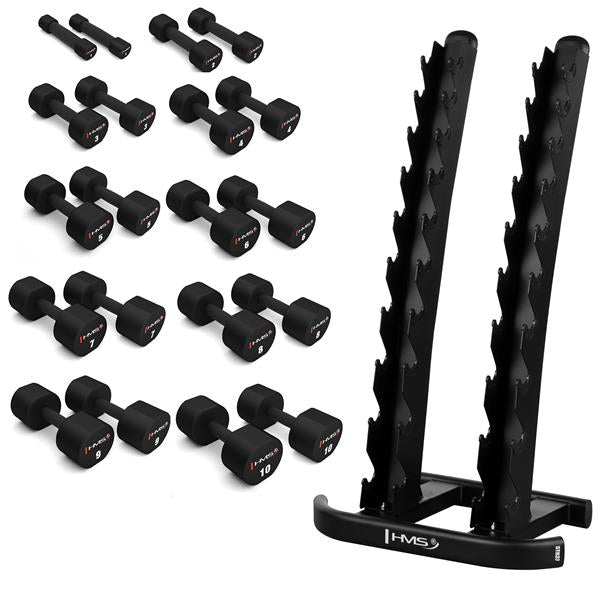 Komplekts POLYURETHANE DUMBBELLS HPT 2 x 1 - 10 KG (110 KG) + STR37 VERTICAL RACK HMS