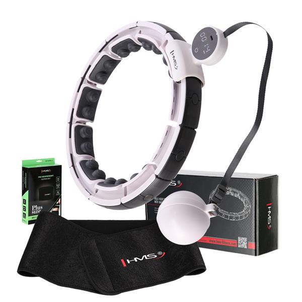 Vingrošanas rinķis ar atsvaru un skaitītāju SET HULA HOOP MAGNETIC WHITE HHM16 WITH WEIGHT + COUNTER HMS + WAIST SUPPORT BR163 BLACK PLUZ SIZE