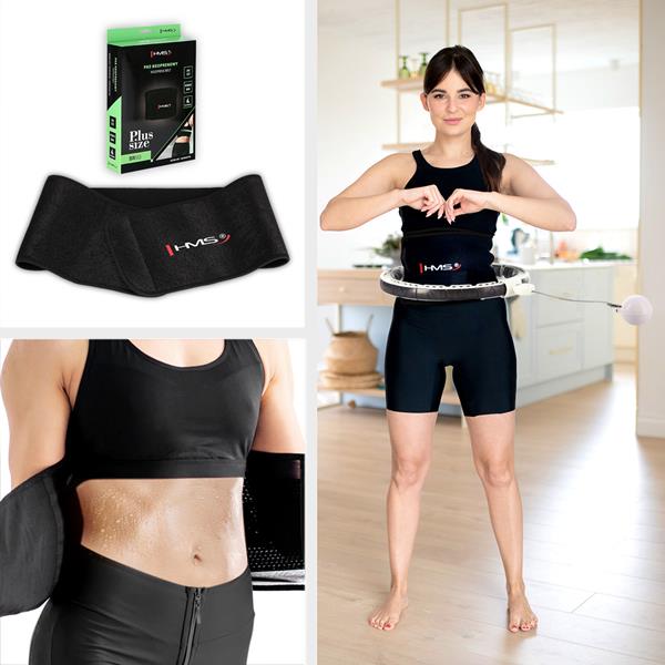 Vingrošanas rinķis ar atsvaru un skaitītāju SET HULA HOOP MAGNETIC WHITE HHM16 WITH WEIGHT + COUNTER HMS + WAIST SUPPORT BR163 BLACK PLUZ SIZE