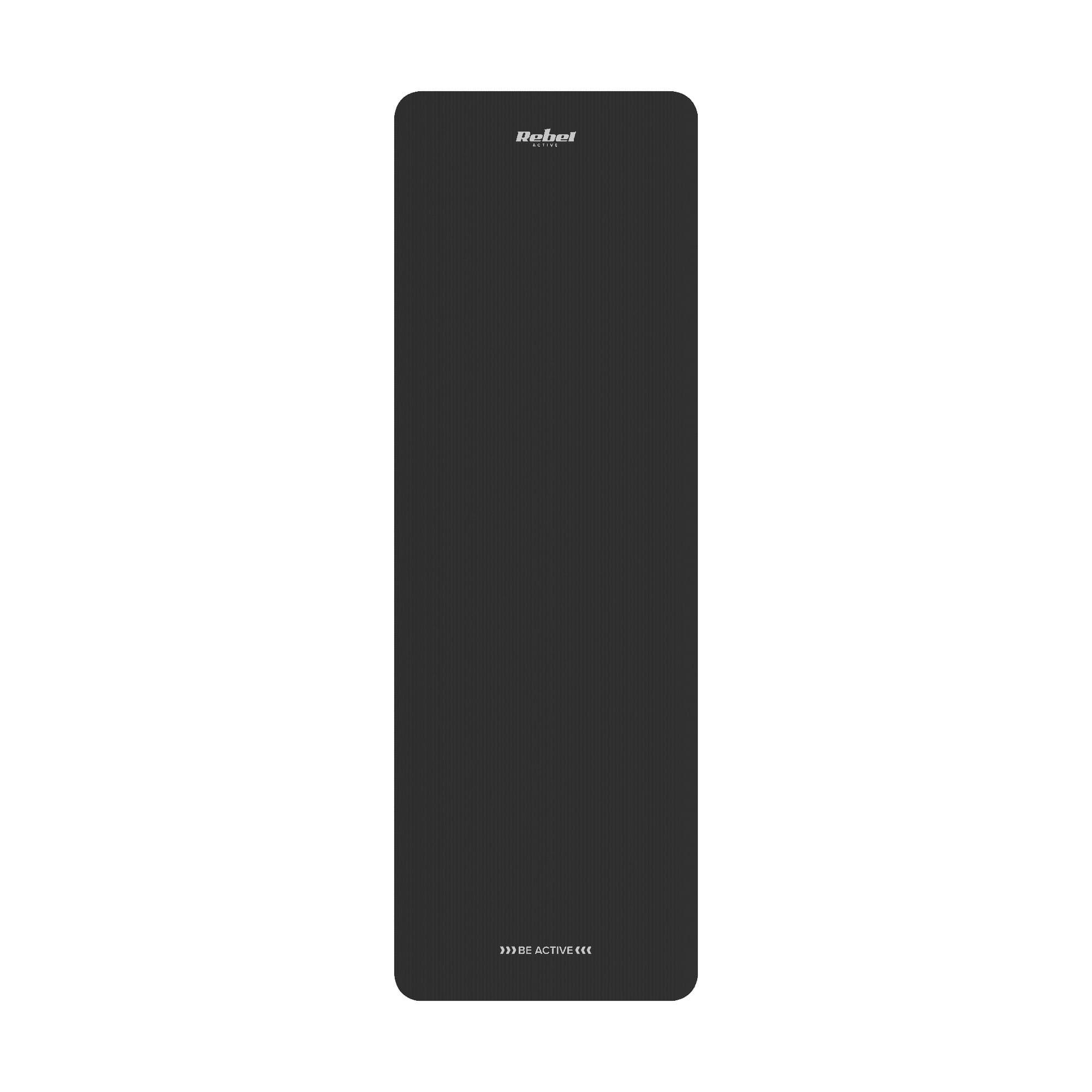 Vingrošanas paklājiņš jogai, pilates, fitnesam, 183x61cm, 1cm biezs, NBR materiāls, melns, REBEL ACTIVE