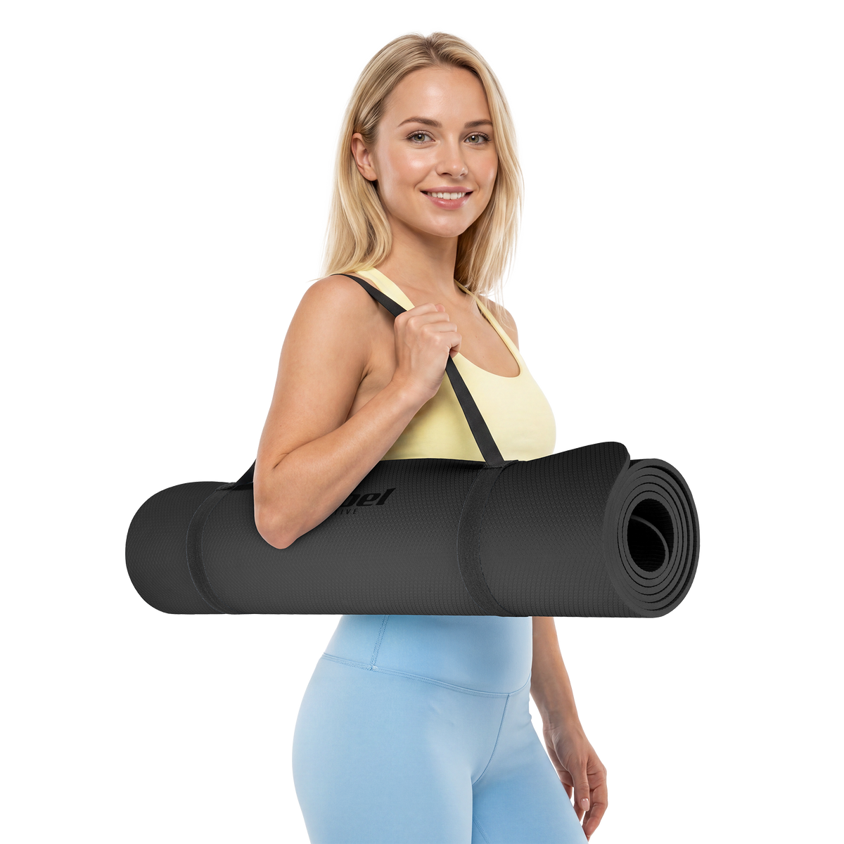Vingrošanas paklājiņš jogai, pilates, fitnesam, 183x61cm, biezums 1cm, TPE materiāls, melns, REBEL ACTIVE