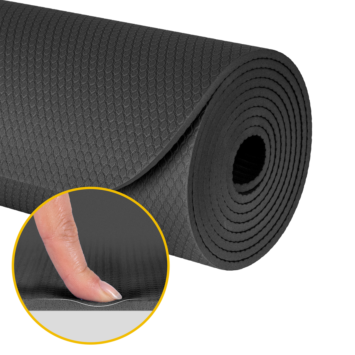 Vingrošanas paklājiņš jogai, pilates, fitnesam, 183x61cm, biezums 4mm, TPE materiāls, melns, REBEL ACTIVE