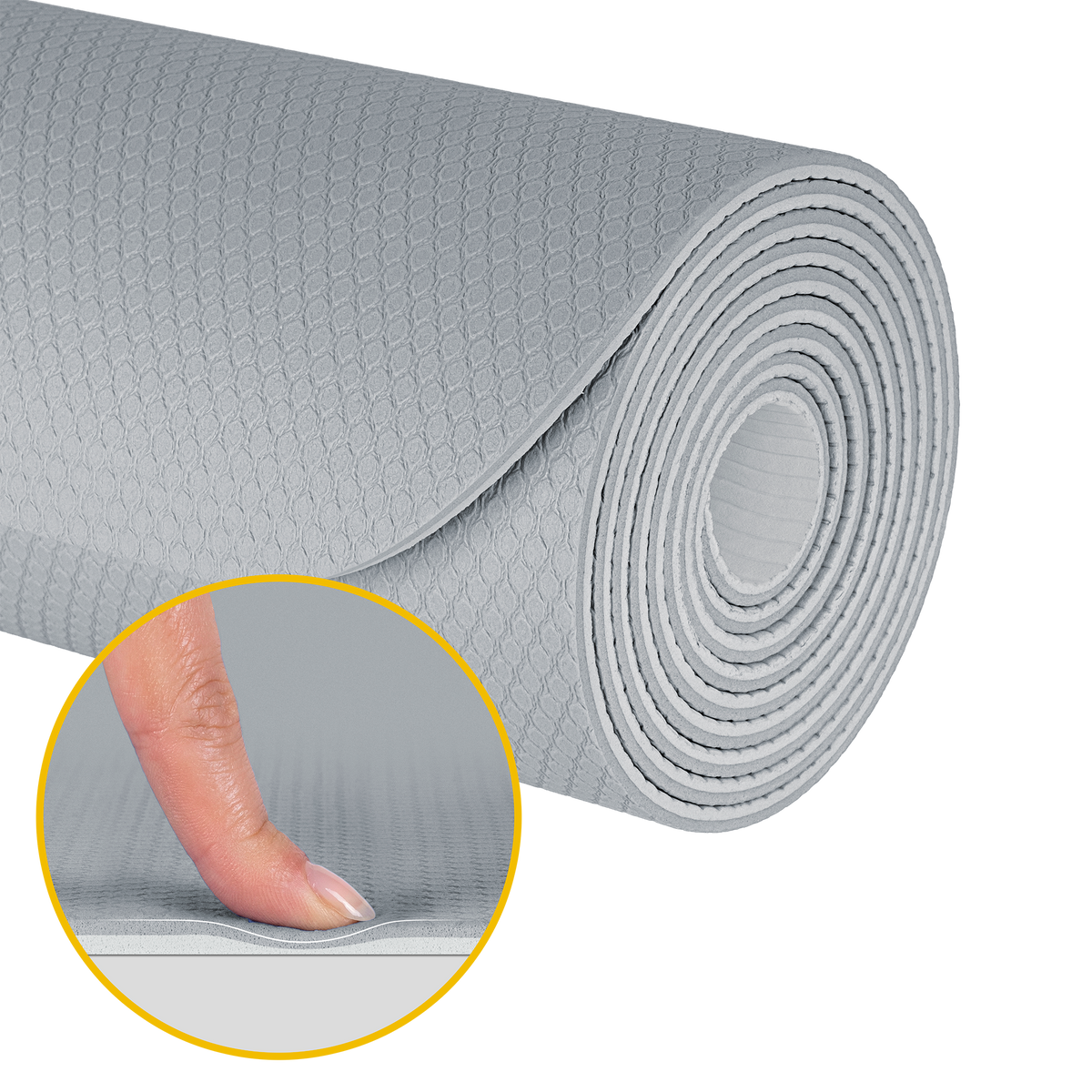 Vingrošanas paklājiņš jogai, pilates, fitnesam, 183x61cm, biezums 4mm, TPE materiāls, pelēks, REBEL ACTIVE