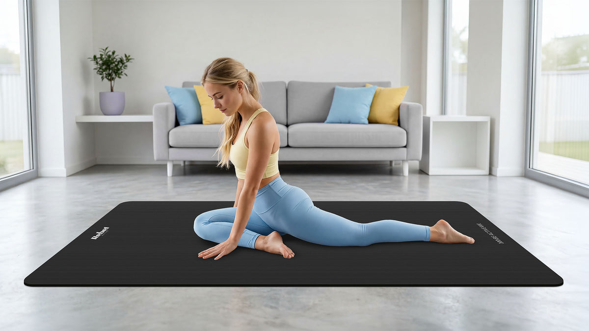 Vingrošanas paklājiņš jogai, pilates, fitnesam, 190x115cm, biezums 2cm, NBR materiāls, melns, REBEL ACTIVE