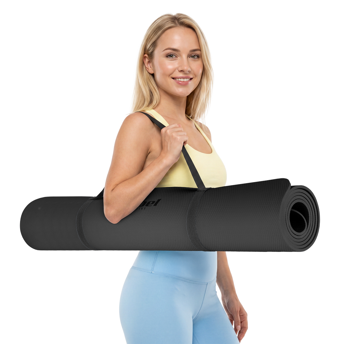Vingrošanas paklājiņš jogai, pilates, fitnesam, 200x115cm, biezums 1cm, TPE materiāls, melns, REBEL ACTIVE