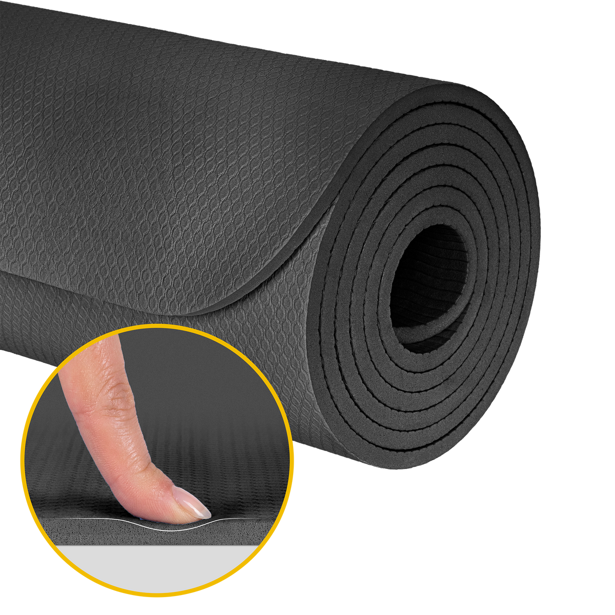 Vingrošanas paklājiņš jogai, pilates, fitnesam, 200x115cm, biezums 1cm, TPE materiāls, melns, REBEL ACTIVE