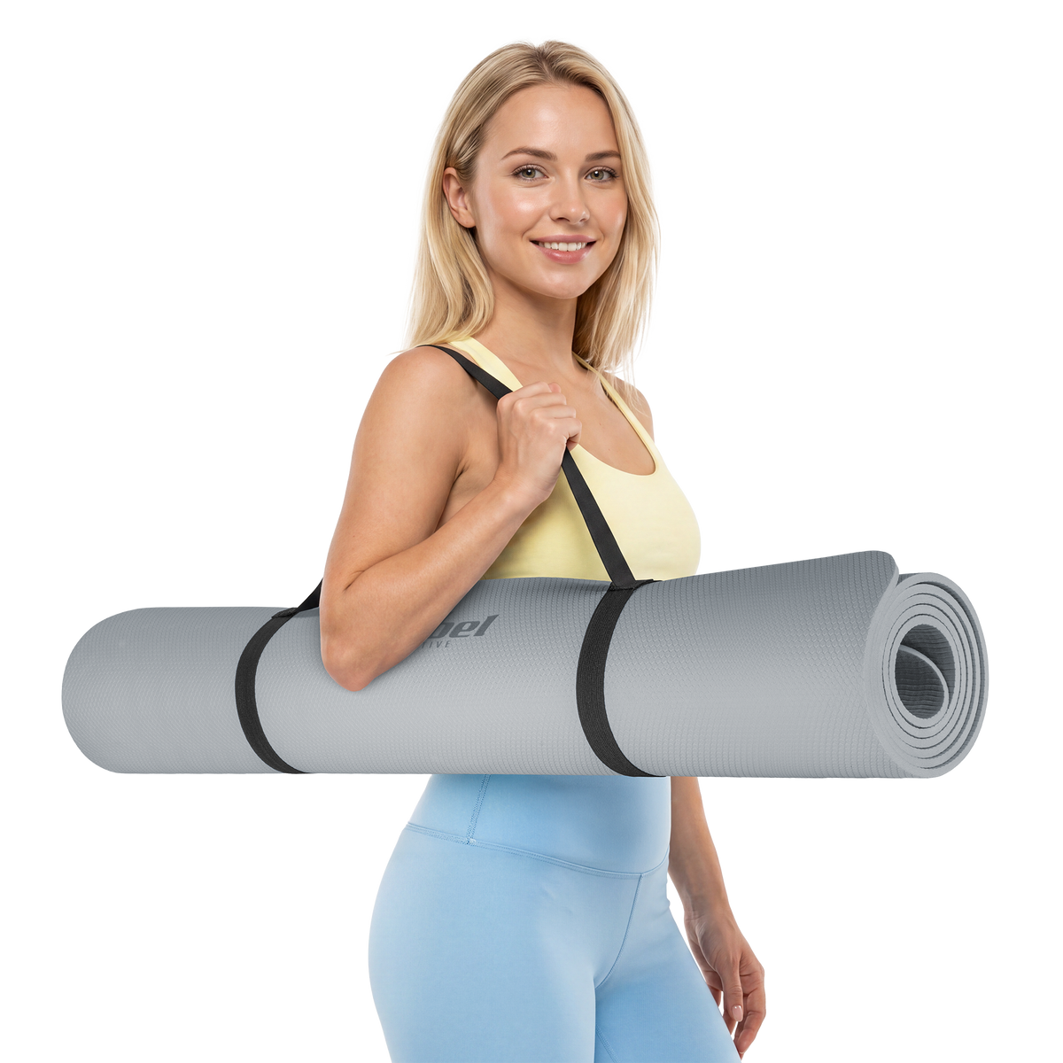 Vingrošanas paklājiņš jogai, pilates, fitnesam, 200x115cm, biezums 1cm, TPE materiāls, pelēks, REBEL ACTIVE
