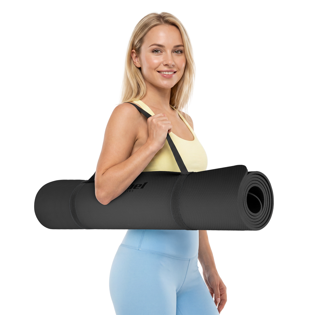 Vingrošanas paklājiņš jogai, pilates, fitnesam, 200x90cm, biezums 1cm, TPE materiāls, melns, REBEL ACTIVE