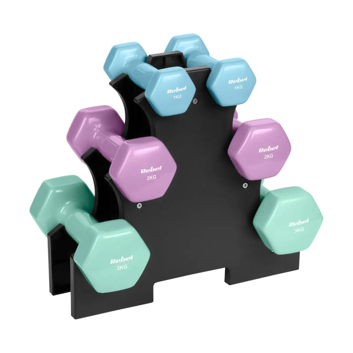 Čuguna HEX hanteles ar vinila pārklājumu, komplekts 12 kg ar statīvu (2 × 1 kg + 2 × 2 kg + 2 × 3 kg), REBEL ACTIVE
