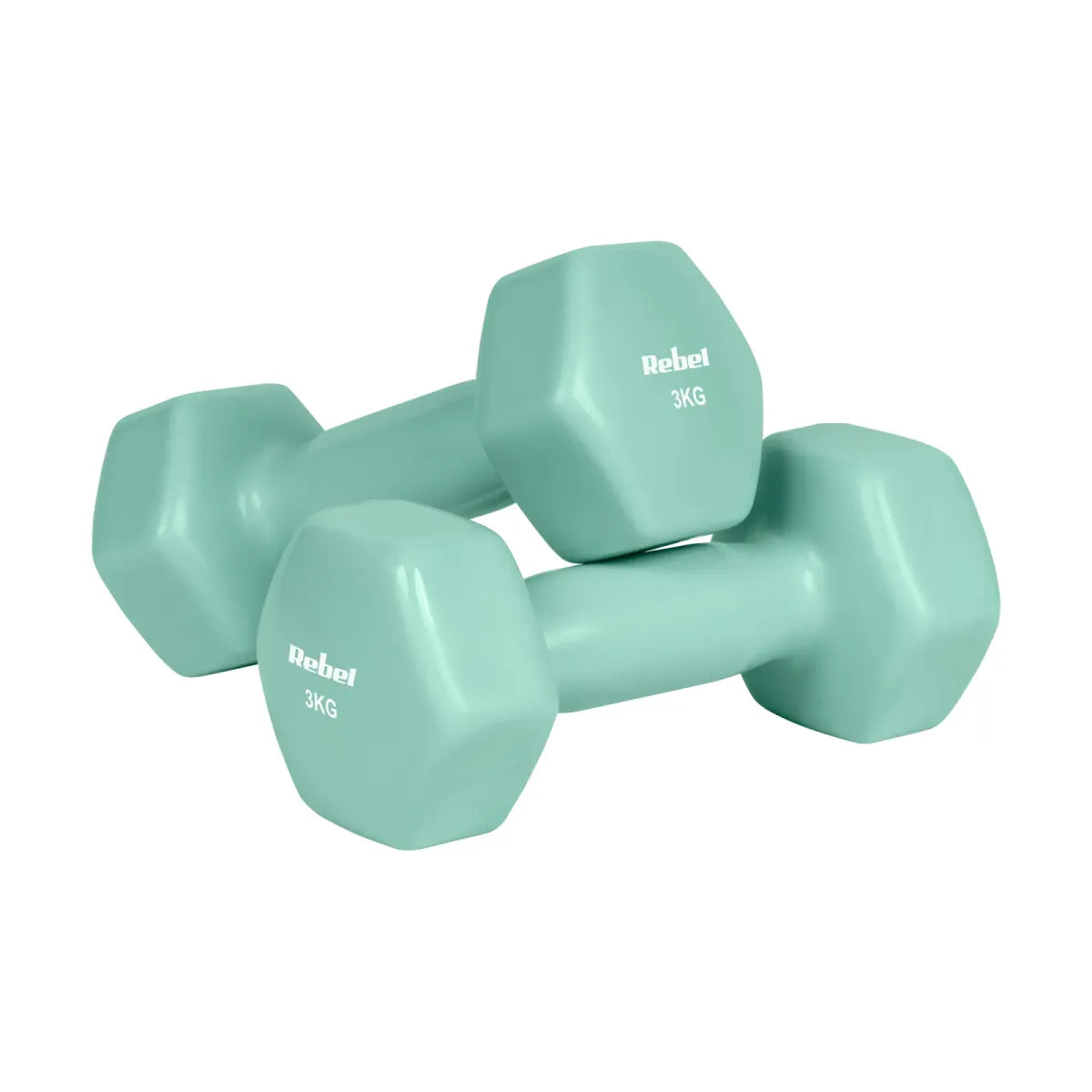 Čuguna HEX hanteles ar vinila pārklājumu, komplekts 12 kg ar statīvu (2 × 1 kg + 2 × 2 kg + 2 × 3 kg), REBEL ACTIVE