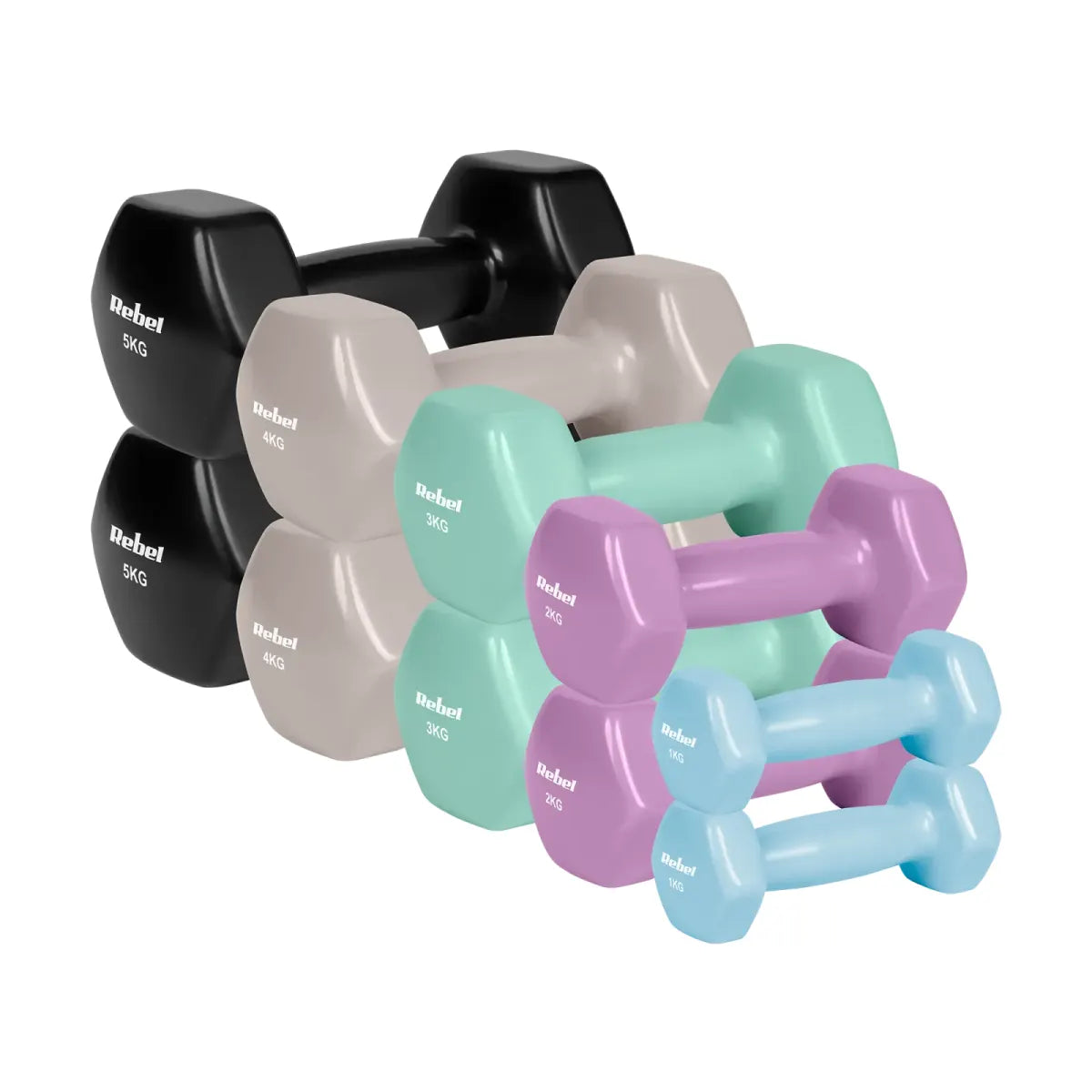 Čuguna HEX hanteles ar vinila pārklājumu komplekts 30 kg (2 × 1 kg + 2 × 2 kg + 2 × 3 kg + 2 × 4 kg + 2 × 5 kg), REBEL ACTIVE