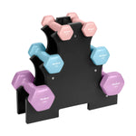 Čuguna HEX hanteles ar vinila pārklājumu, komplekts 7 kg ar statīvu (2 × 0,5 kg + 2 × 1 kg + 2 × 2 kg), REBEL ACTIVE