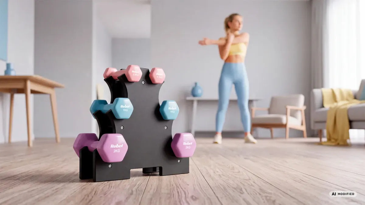 Čuguna HEX hanteles ar vinila pārklājumu, komplekts 7 kg ar statīvu (2 × 0,5 kg + 2 × 1 kg + 2 × 2 kg), REBEL ACTIVE