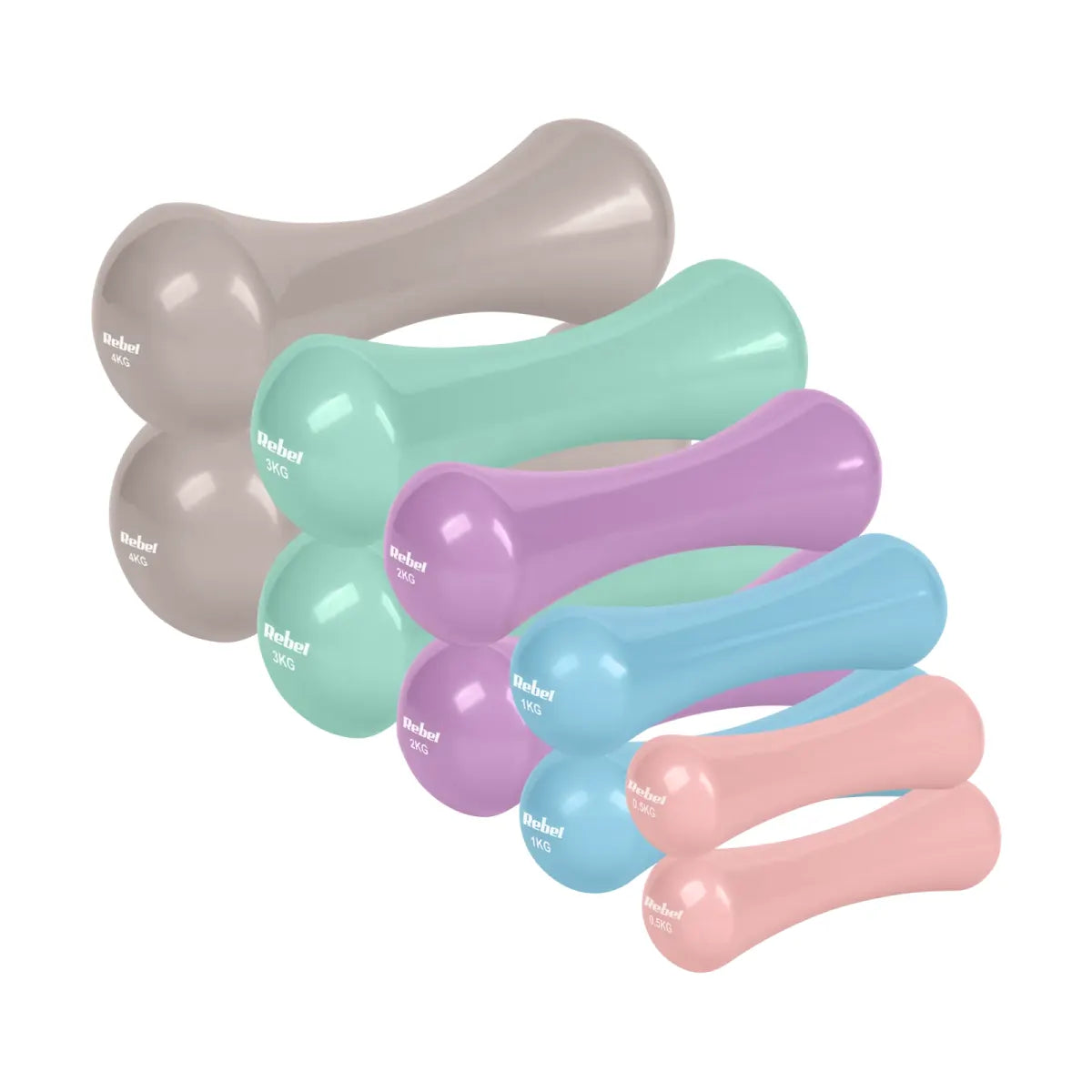 Čuguna hanteles ar vinila pārklājumu komplekts 21 kg (2 × 0,5 kg + 2 × 1 kg + 2 × 2 kg + 2 × 3 kg + 2 × 4 kg), REBEL ACTIVE