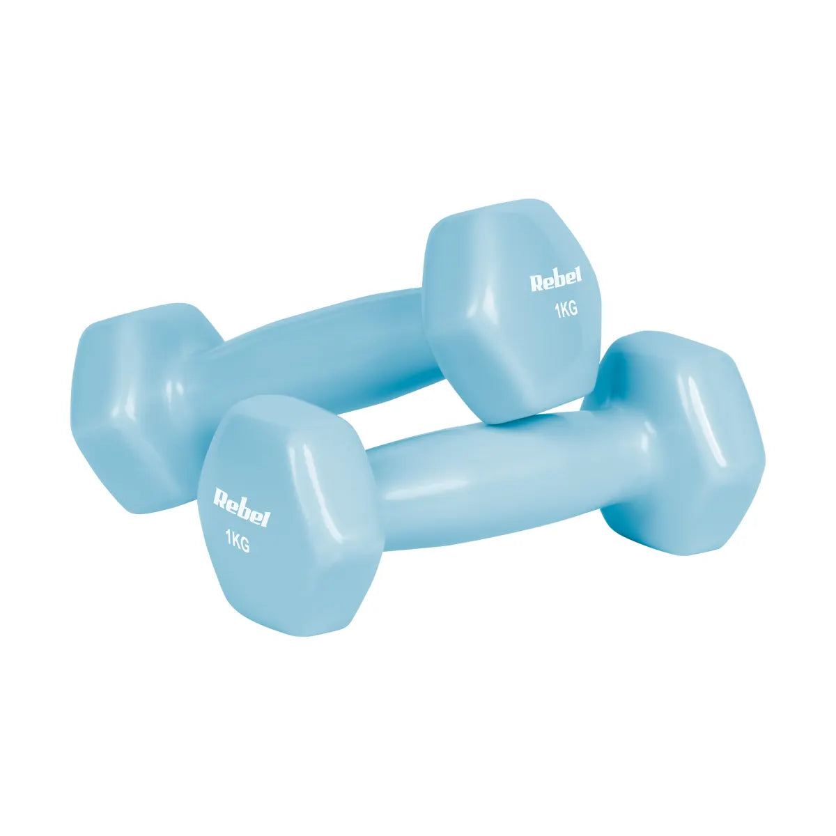 Čuguna HEX hanteles ar vinila pārklājumu, komplekts 7 kg ar statīvu (2 × 0,5 kg + 2 × 1 kg + 2 × 2 kg), REBEL ACTIVE