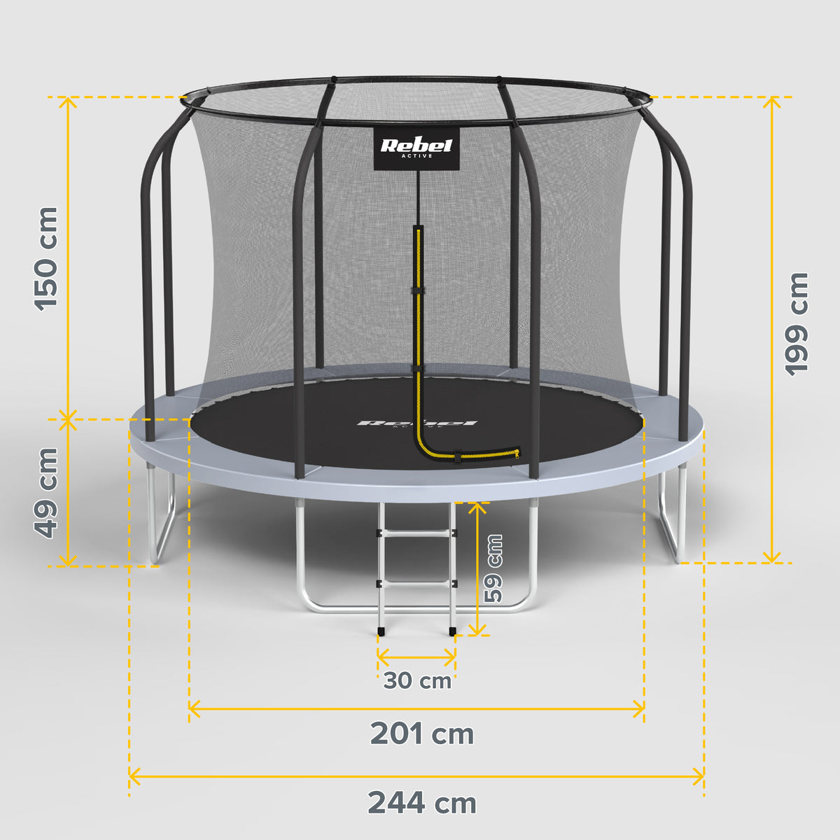 Rebel Active PRO batuts 8 pēdas/244 cm, tīkls, kāpnes