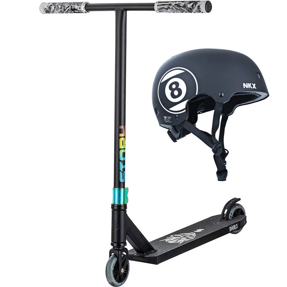 Triku skrejritenis Story Diablo 2 Black-Rainbow + NKX Brain Saver White/Blace "8Ball" L izmēra ķivere 57,5 - 61 cm