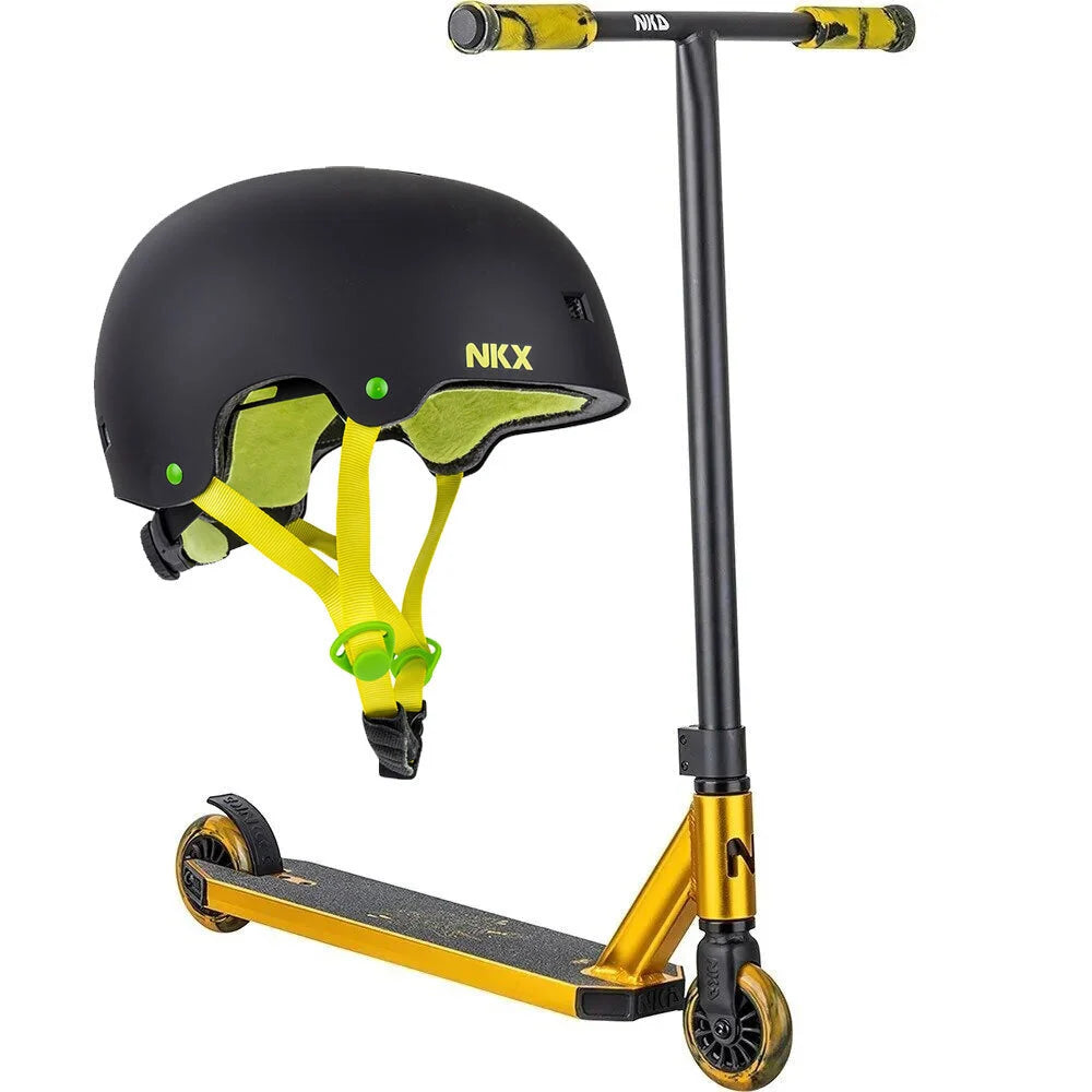 Triku skrejritenis NKD Next Generation Gold + NKX Brain Saver MelnsDzeltens S izmēra ķivere 50 - 53,5 cm