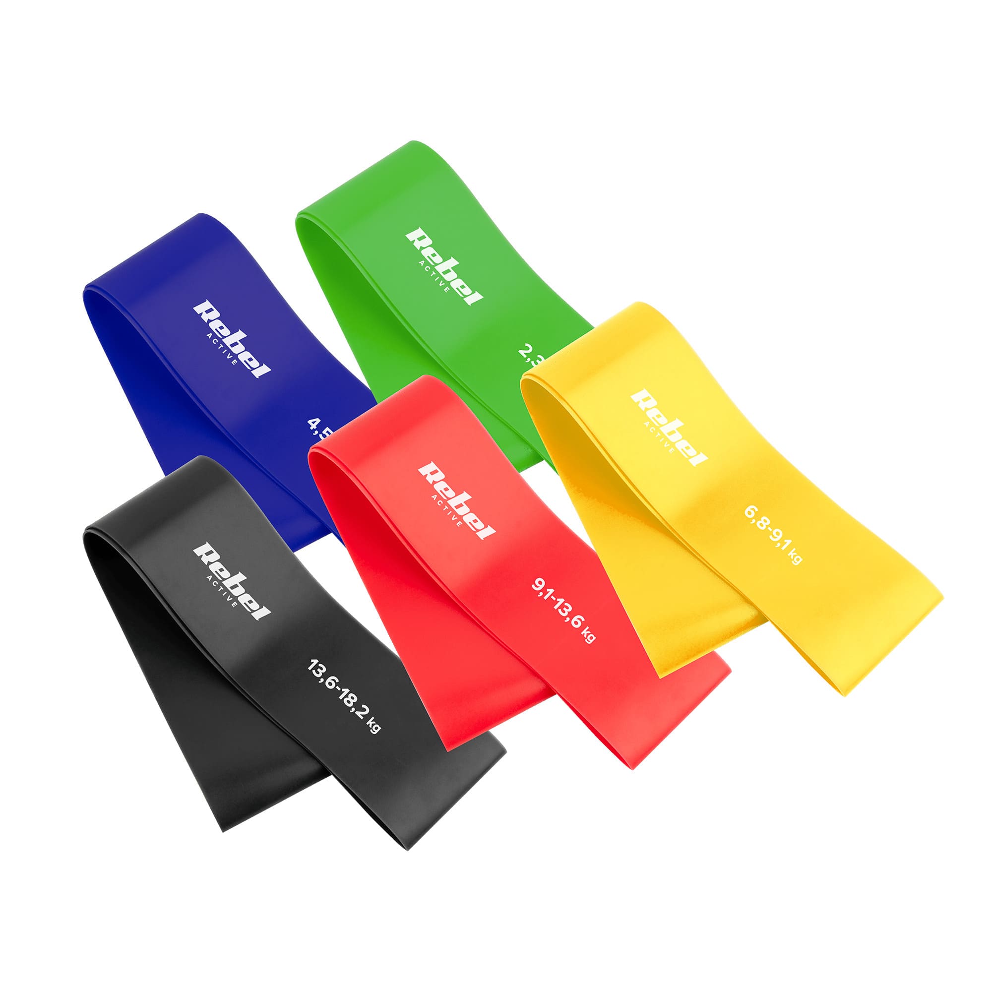 TPE vingrošanas lentu komplekts - Mini Band L, 2,3-18,2 kg, 5 lentes, krāsainas, REBEL ACTIVE