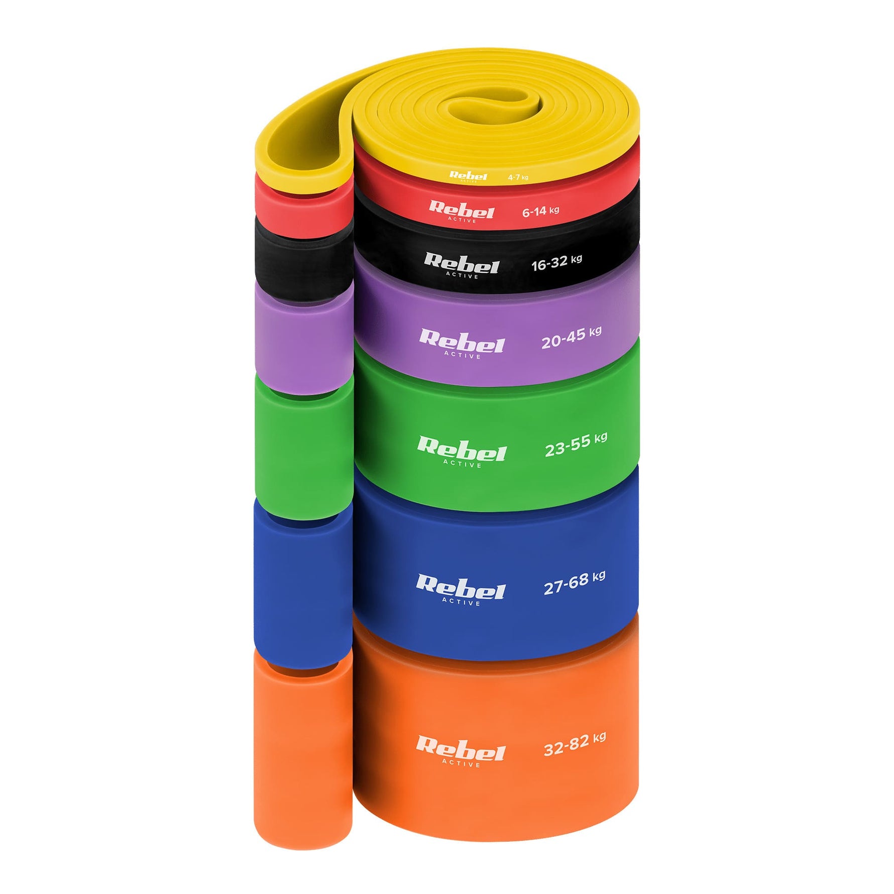 TPE vingrošanas lentu komplekts - Power Band PT-S7, 4-82 kg, 7 TPE lentes, REBEL ACTIVE